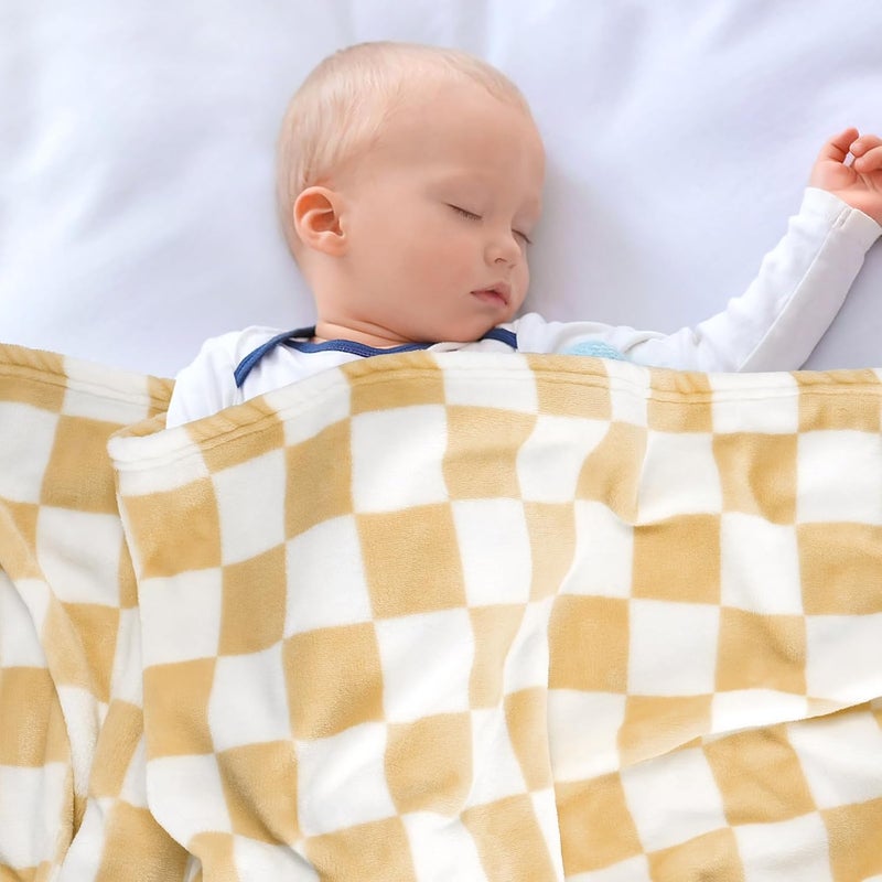 GreatBba Plush Checkered Baby Blanket for Boys Girls Nursery, 30"*40" Warm Short Fleece Blanket Neutral for Infant Newborn, Small Fuzzy for Sleeping, Chenille or Stroller (Sand Yellow&White) - Image 4